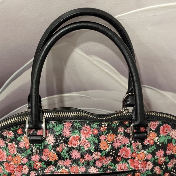 Coach Pink and Black Floral Leather & Canvas Satchel & Bonus Cherry Charm - Picture 7 of 16